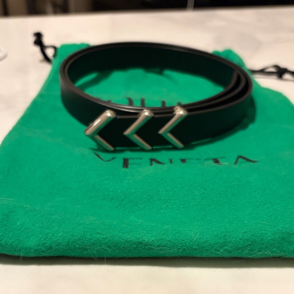 Bottega Veneta Black Leather Belt with Silver Chevron Buckle